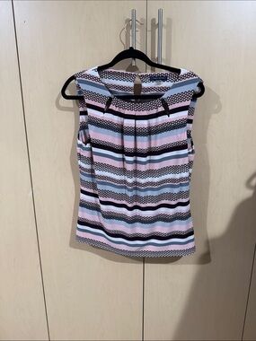 Tommy Hilfiger Striped Sleeveless Pleat-Neck Camisole in Pink, Black & White